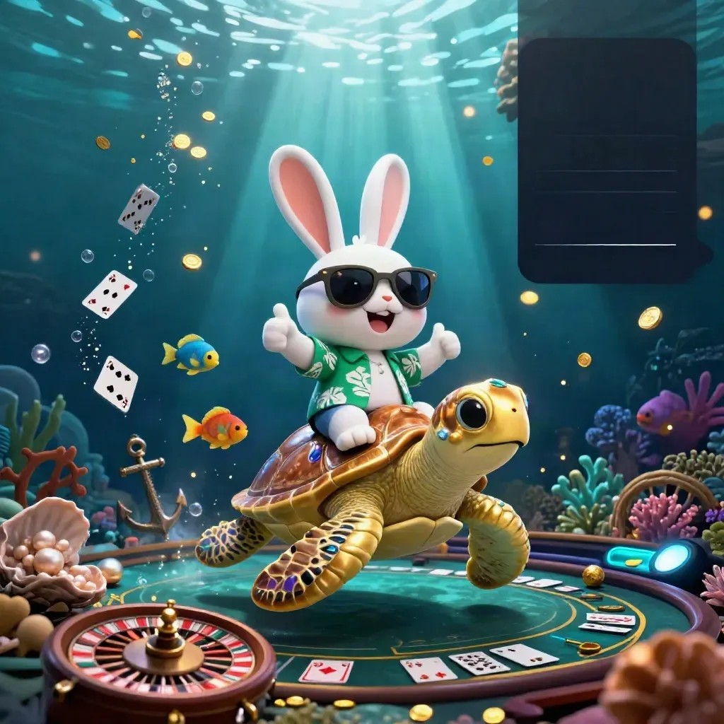 Rabbit on a golden turtle in a treasure cove with fish, coins, coral, and casino props.