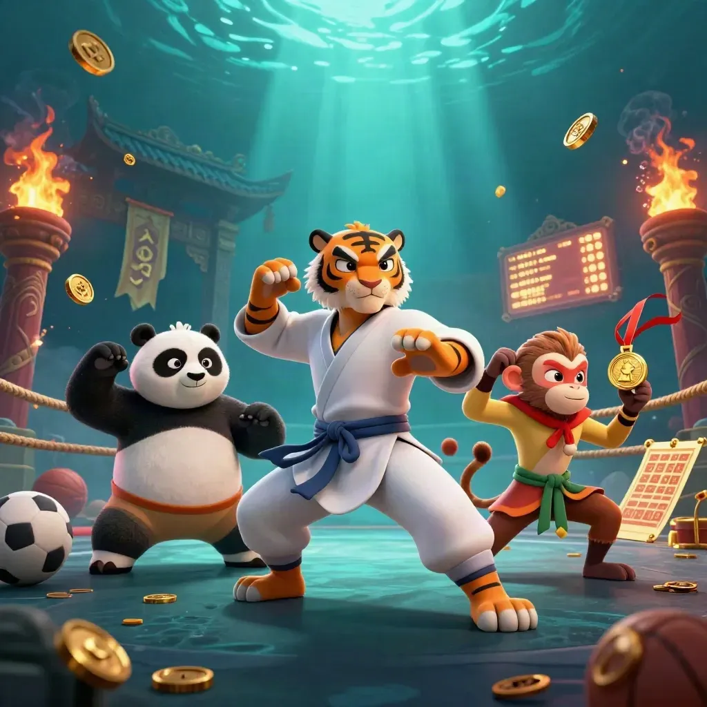 Kung-fu tiger, panda, and monkey amid casino-lit sports gear, coins, and underwater glow.