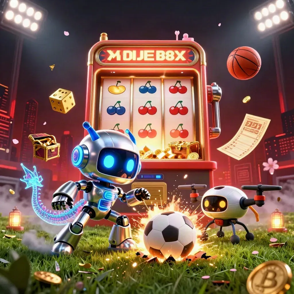 Cyberpunk robot, hologram dragon, and drone amid slot gold, sports balls, and blazing stadium light.