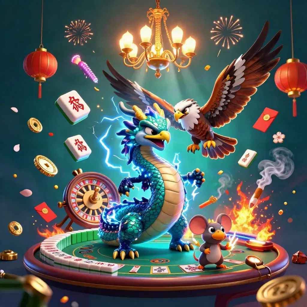 Thunder dragon, hawk, and mouse over casino props, glowing with lightning and gold.