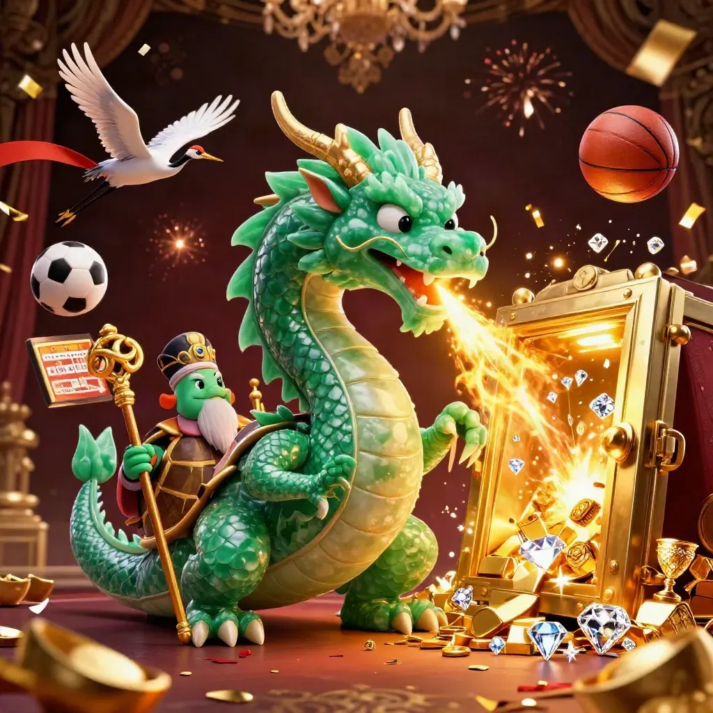 Low-angle fantasy casino art: emerald dragon, turtle sage, cranes, vault, gold, soccer ball and basketball.