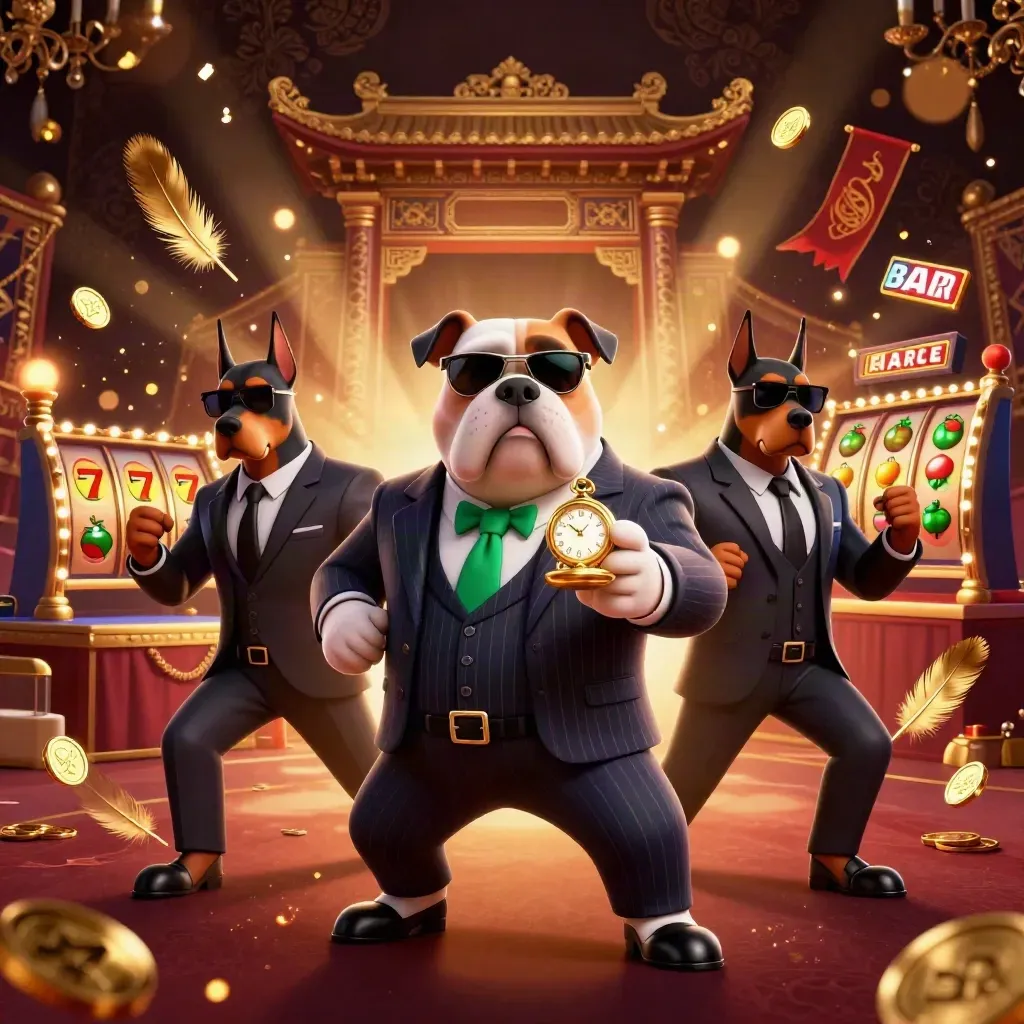 Bulldog boss and two Dobermans burst from coins, temple gate, reels and gold light.