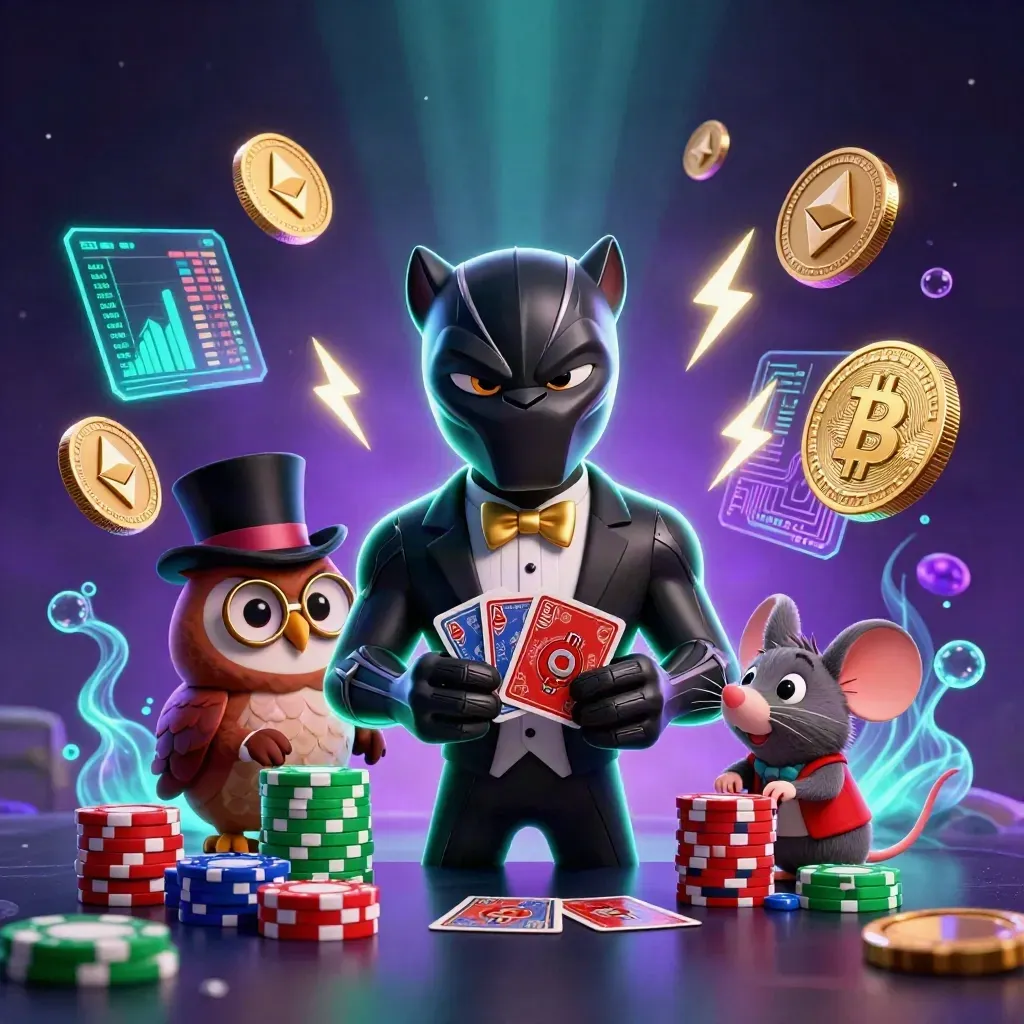 Tuxedo panther, owl, and mouse amid crypto coins, neon magic, and casino energy.