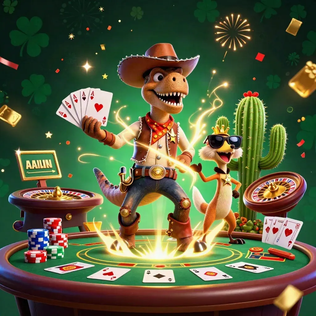 Cowboy T-Rex and sidekicks amid casino chips, cards, fireworks, and treasure blast