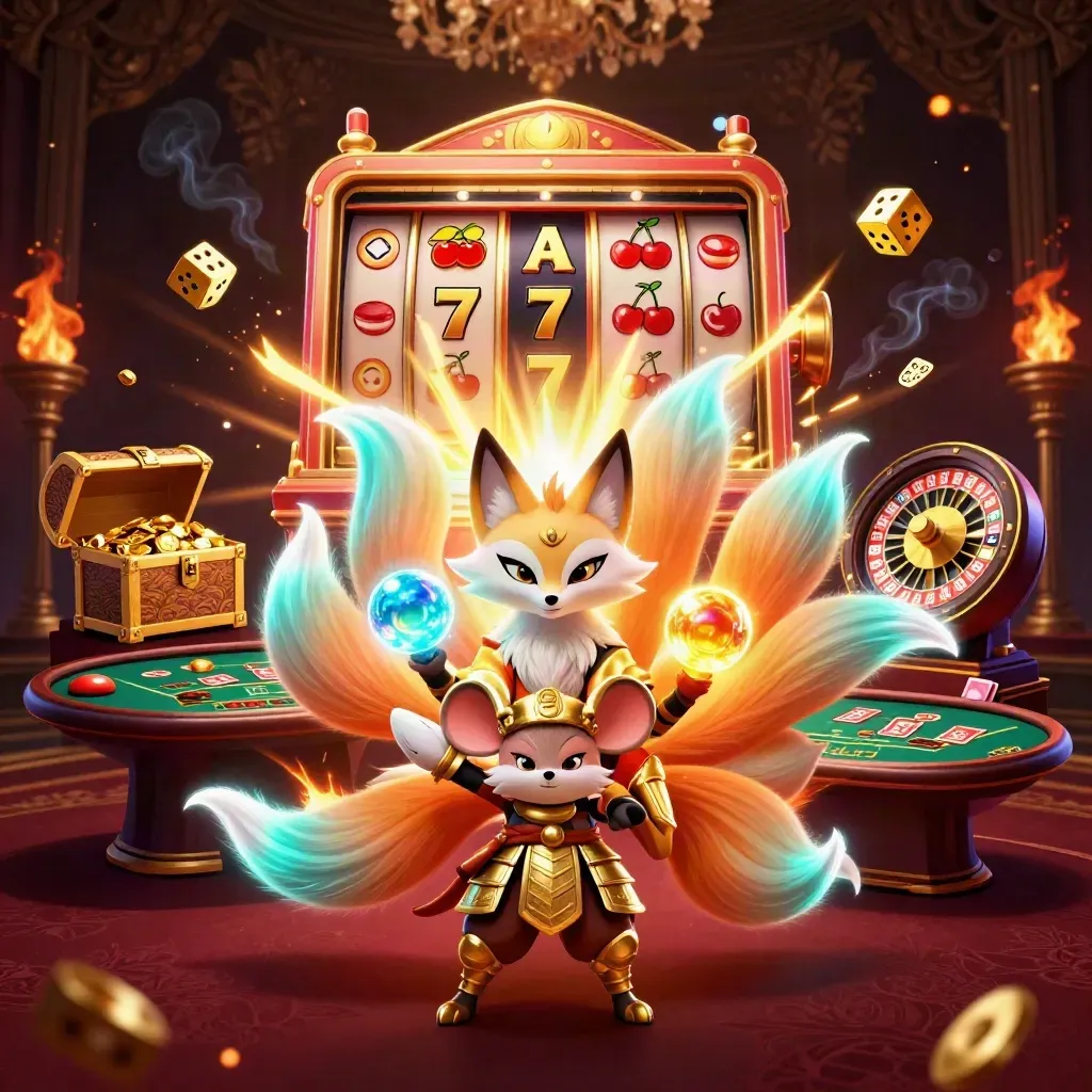 Fox spirit and gold-armored mouse amid slot burst, coins, roulette, cards, and treasure in a luxe casino scene.