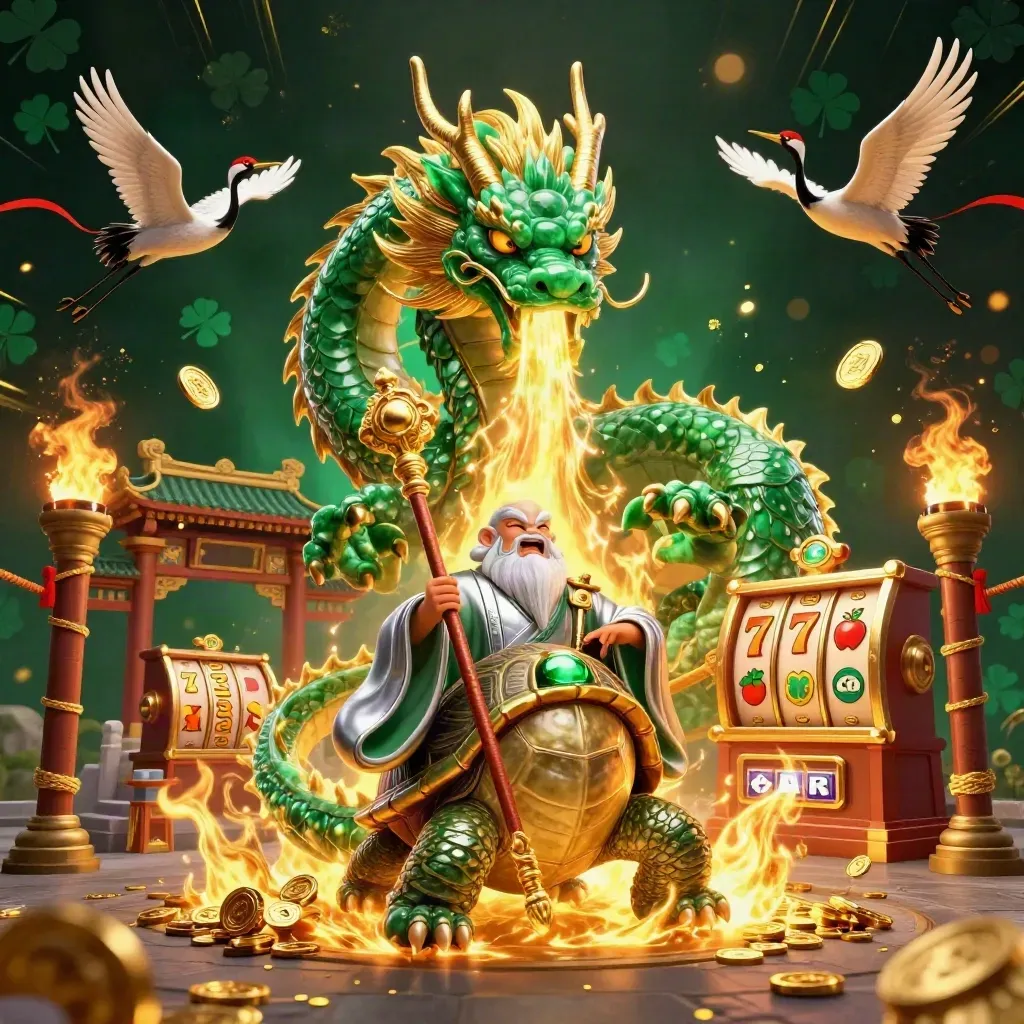 Jade dragon, turtle sage, and cranes amid gold fire, temple gate, reels, and casino sparks